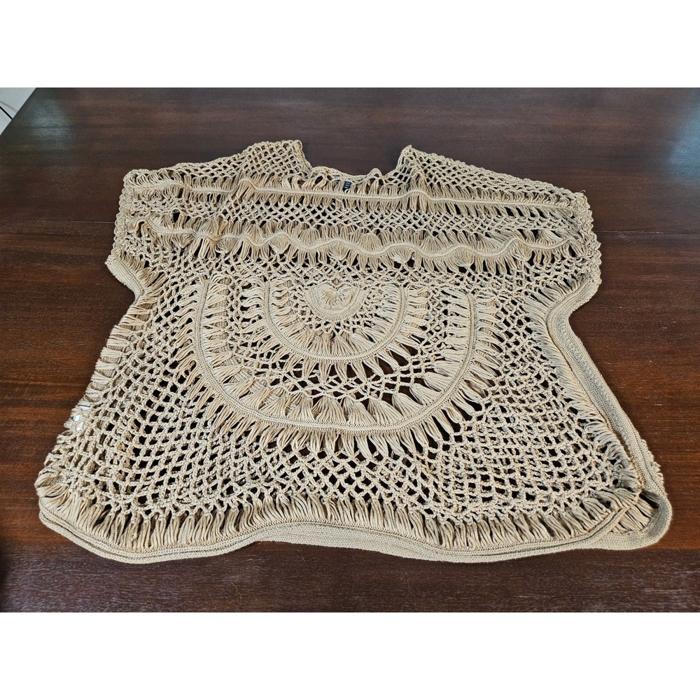 Denim 24/7 Crochet Poncho Women 2X Tan Beige Fringe Open Knit Boho Top